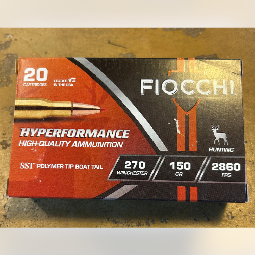 Box of Fiocchi Hyperformance high-quality ammunition with 20 cartridges, featuring a red and black design, showing caliber .270 Winchester, 150 gr.