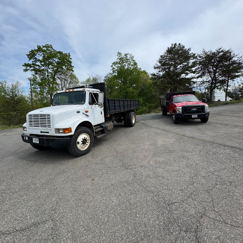 Two trucks parked on an empty asphalt lot, under a cloudy sky. A white truck is in the foreground, and a red truck is in the background near some trees.