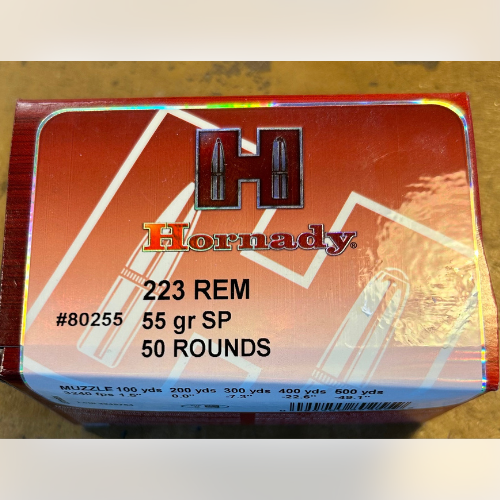 A box of Hornady ammunition in .223 REM caliber with 55-grain soft point bullets, containing 50 rounds. The box features a red background with bold branding and bullet graphics.