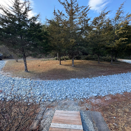 A serene landscape with evergreen trees encircled by a gravel path under a blue sky. Sparse vegetation lines the edge, evoking a peaceful, natural setting.