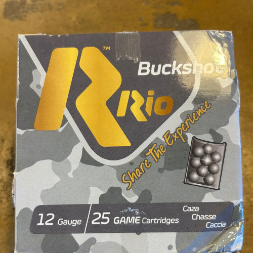 Box of Rio brand buckshot cartridges with camouflage design, featuring gold and white text. Includes 