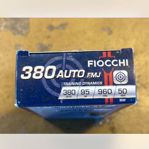 Box of Fiocchi 380 Auto FMJ ammo, labeled with 