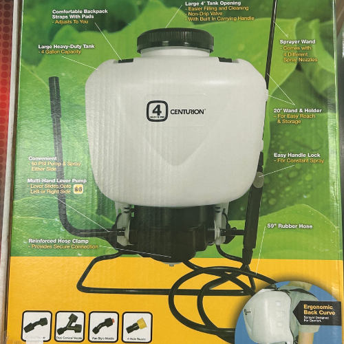 A backpack sprayer box features a white tank with various labeled components, such as a 4-gallon capacity, rubber hose, and spray wand, on a green background.