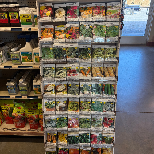 A display rack filled with various colorful seed packets arranged in rows. They include flowers, vegetables, and herbs, set against a store aisle background.