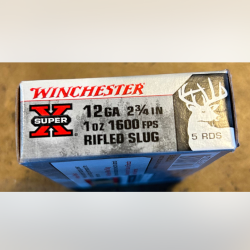 Winchester Super X rifled slug box, 12-gauge, 2¾ inch, 1 oz, 1600 fps, features bold red and black text with a deer head graphic.