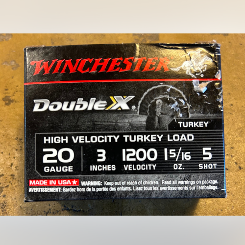 Box of Winchester Double X turkey ammunition. Black packaging with red and white text highlighting 