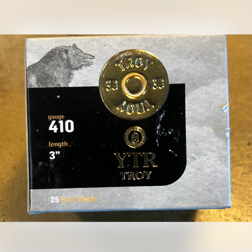 The image shows a box of YTR Troy shotgun shells, 3