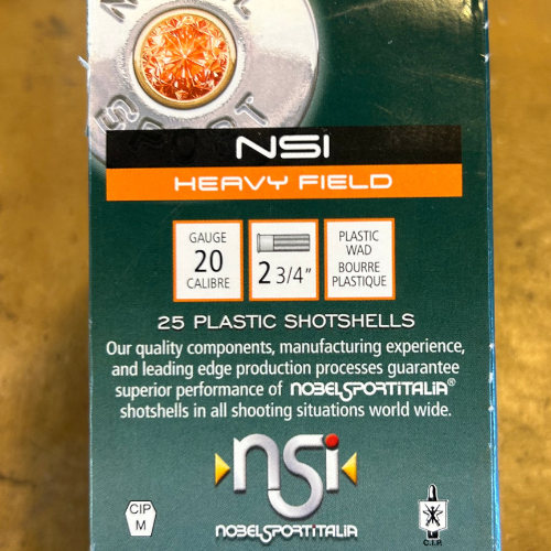 Box of NSI Heavy Field shotshells. Labeled as 20 gauge, 2 3/4 inches with plastic wad. Descriptive text implies quality and global use.