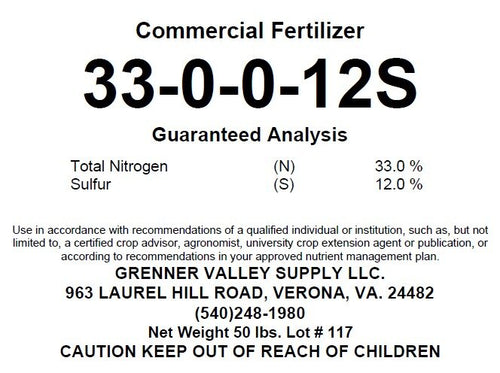 Greener Valley Supply LLC  Fertilizer 33-0-0-12s